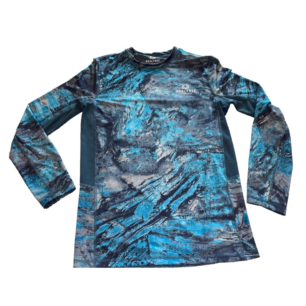 Realtree Fishing Reversible Mens Small Blue Camo Long Sleve Performance Outdoor